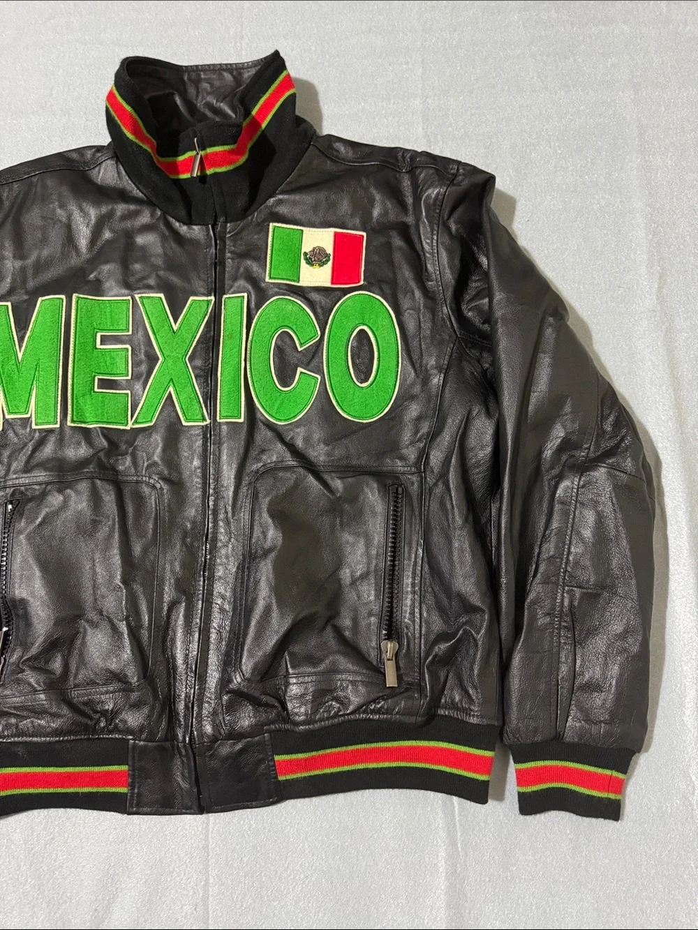 Summer2010 Black Leather 'MEXICO' Jacket with Green Lettering and Flag Patch